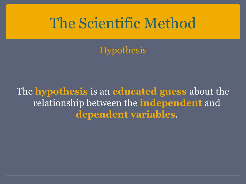 The Scientific Method Hypothesis The hypothesis is an educated guess about the relationship between the independent and dependent variables.