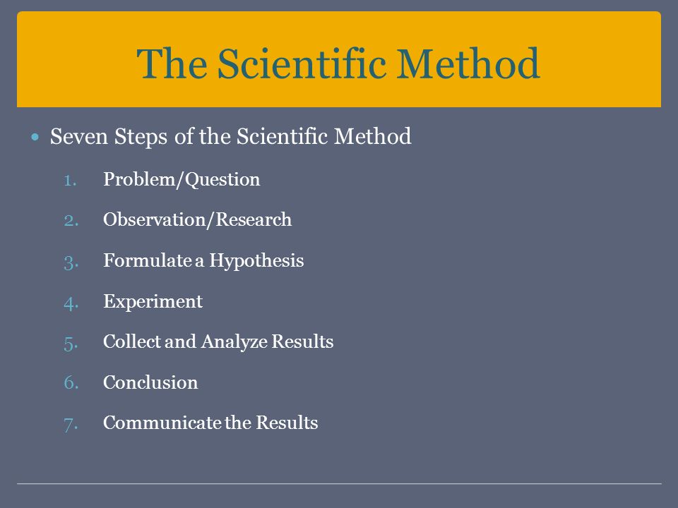 The Scientific Method Seven Steps of the Scientific Method 1.Problem/Question 2.Observation/Research 3.Formulate a Hypothesis 4.Experiment 5.Collect and Analyze Results 6.Conclusion 7.Communicate the Results