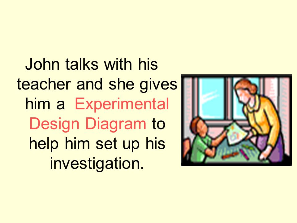 John talks with his teacher and she gives him a Experimental Design Diagram to help him set up his investigation.