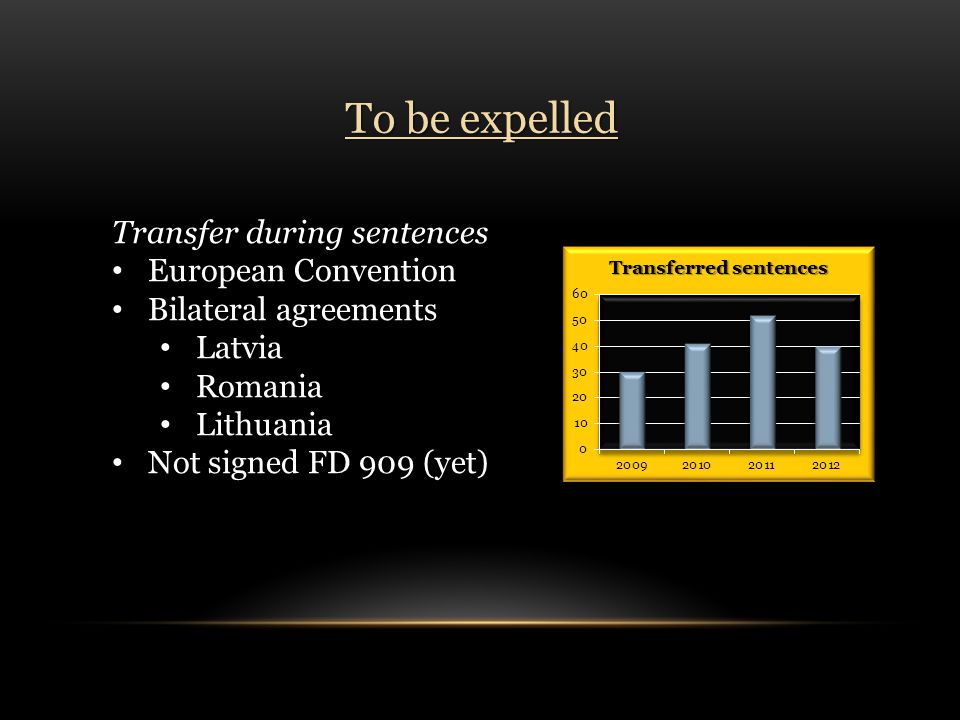 Transfer during sentences European Convention European Convention Bilateral agreements Bilateral agreements Latvia Latvia Romania Romania Lithuania Lithuania Not signed FD 909 (yet) Not signed FD 909 (yet) To be expelled