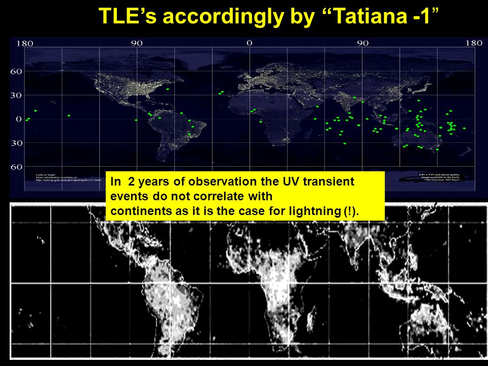 TLE’s accordingly by Tatiana -1 In 2 years of observation the UV transient events do not correlate with continents as it is the case for lightning (!).