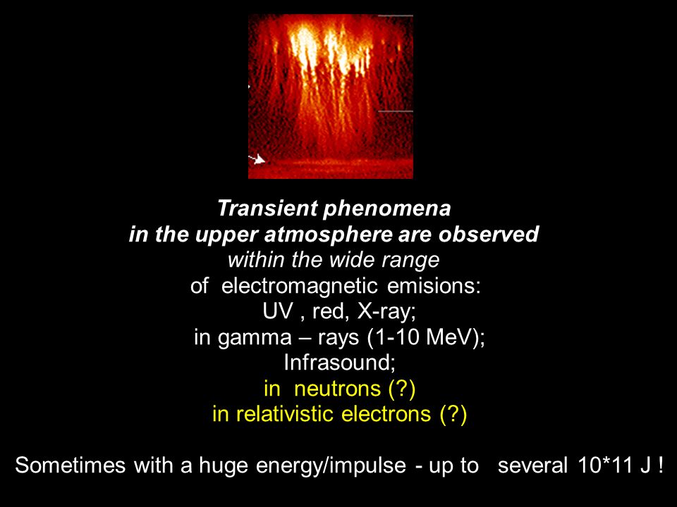 Transient phenomena in the upper atmosphere are observed within the wide range of electromagnetic emisions: UV, red, X-ray; -in gamma – rays (1-10 MeV); -Infrasound; -in neutrons ( ) -in relativistic electrons ( ) -Sometimes with a huge energy/impulse - up to several 10*11 J !