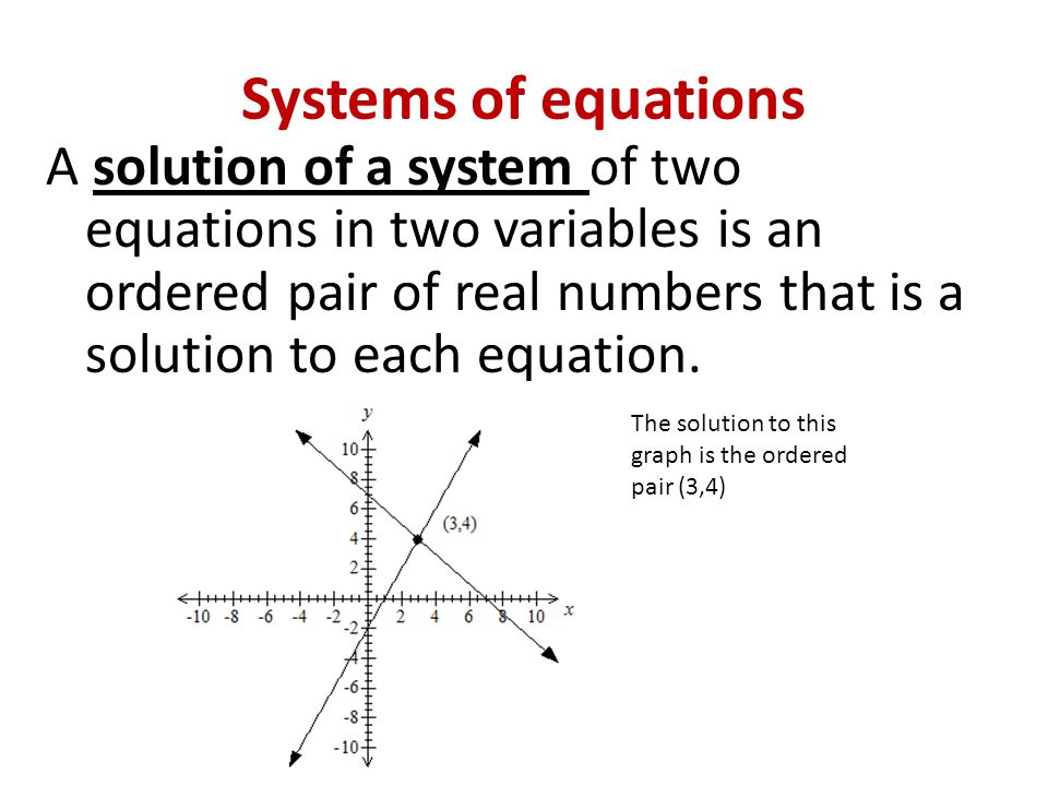 Systems of equations A solution of a system of two equations in two variables is an ordered pair of real numbers that is a solution to each equation.