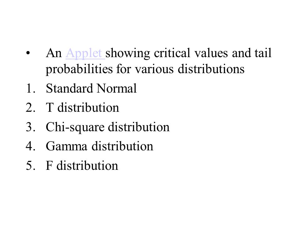 An Applet showing critical values and tail probabilities for various distributionsApplet 1.Standard Normal 2.T distribution 3.Chi-square distribution 4.Gamma distribution 5.F distribution