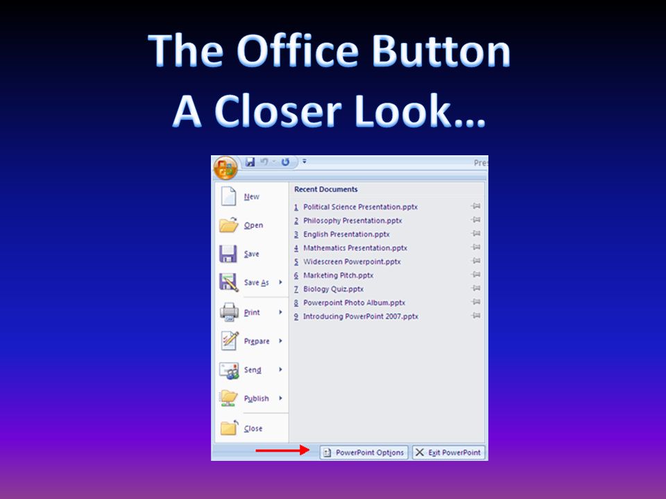 The tool bar at the very top contains the Microsoft office button this button contains, save, open, close, and print options.