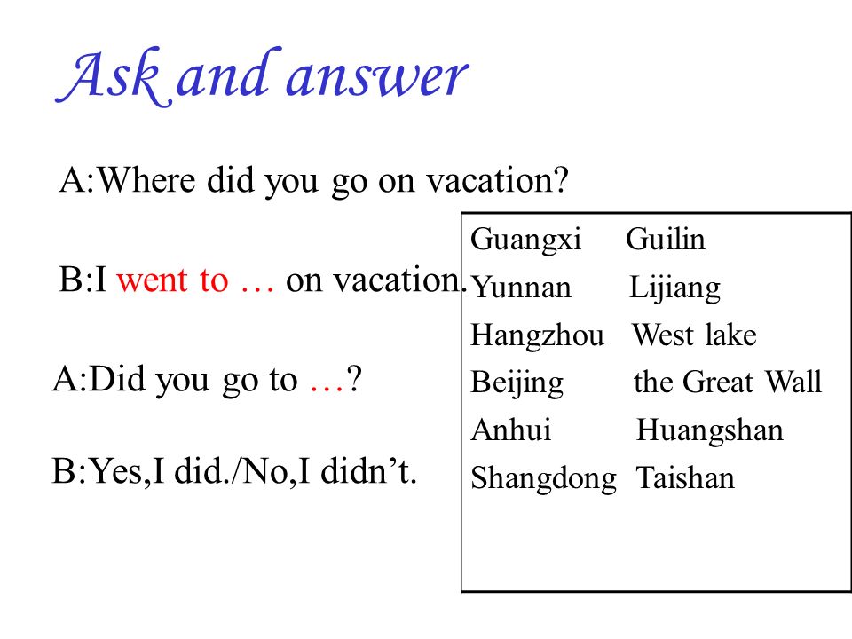 Ask and answer A:Where did you go on vacation. B:I went to … on vacation.