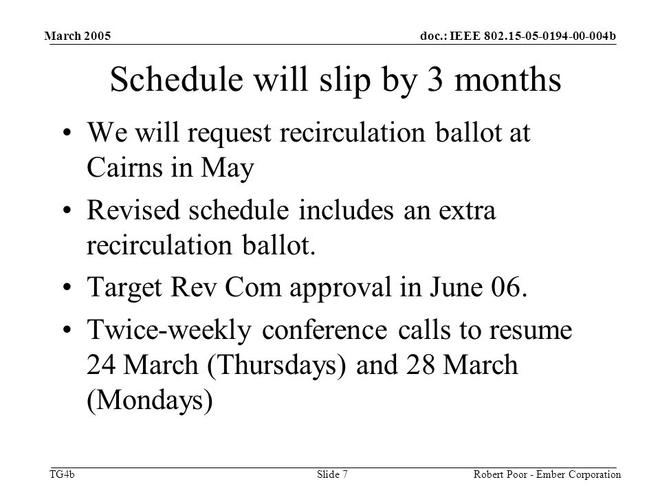 doc.: IEEE b TG4b March 2005 Robert Poor - Ember CorporationSlide 7 Schedule will slip by 3 months We will request recirculation ballot at Cairns in May Revised schedule includes an extra recirculation ballot.
