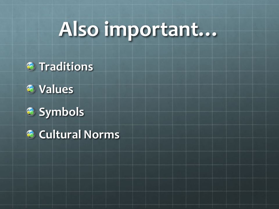 Also important… TraditionsValuesSymbols Cultural Norms