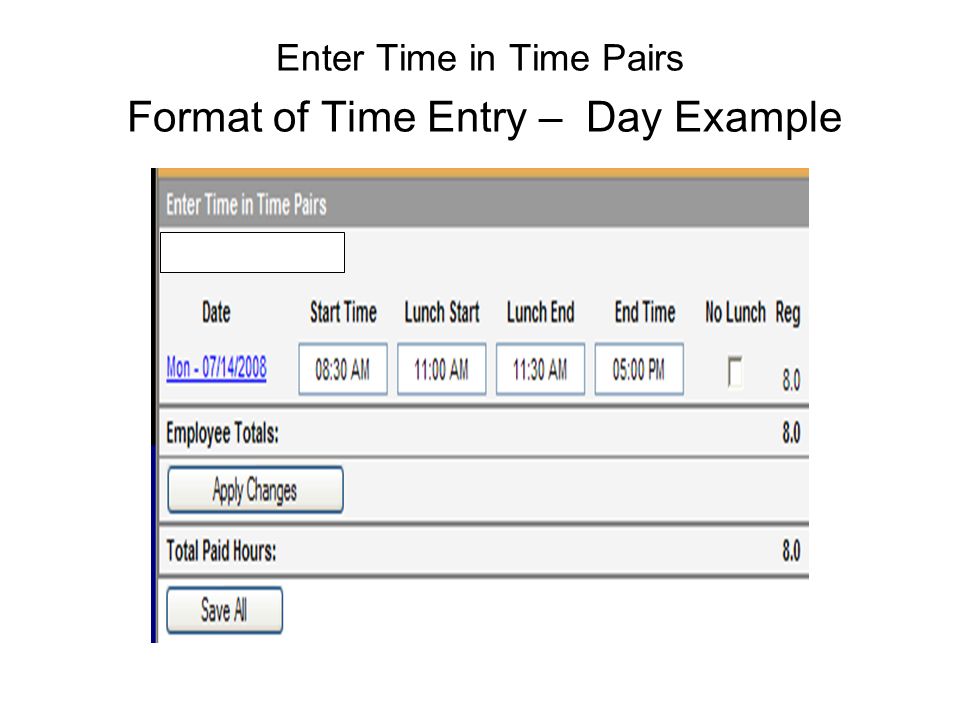 Enter Time in Time Pairs Format of Time Entry – Day Example