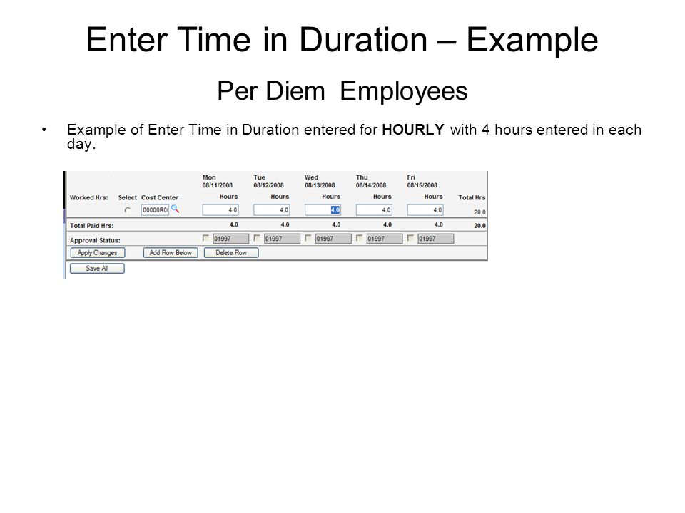 Enter Time in Duration – Example Per Diem Employees Example of Enter Time in Duration entered for HOURLY with 4 hours entered in each day.