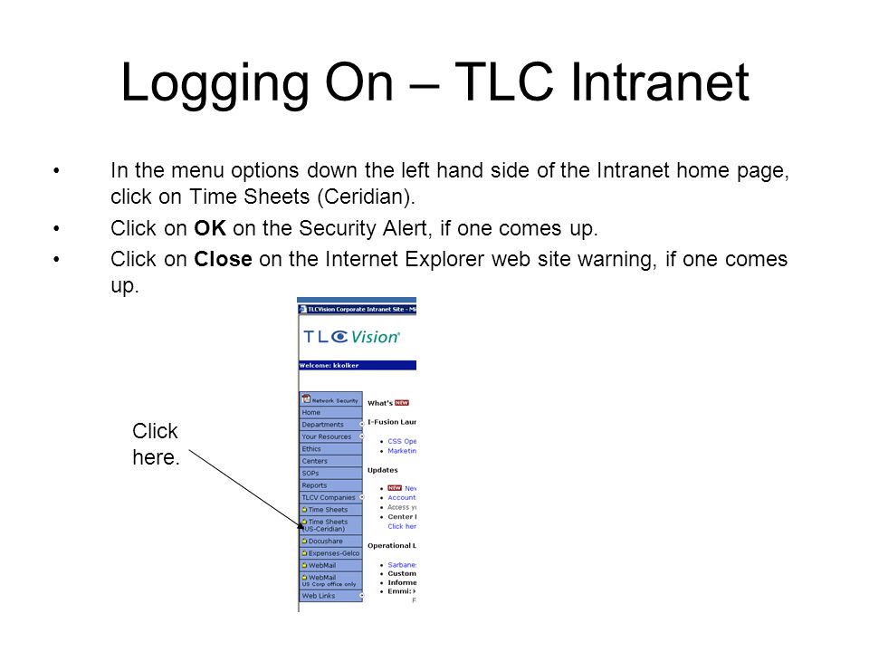 Logging On – TLC Intranet In the menu options down the left hand side of the Intranet home page, click on Time Sheets (Ceridian).