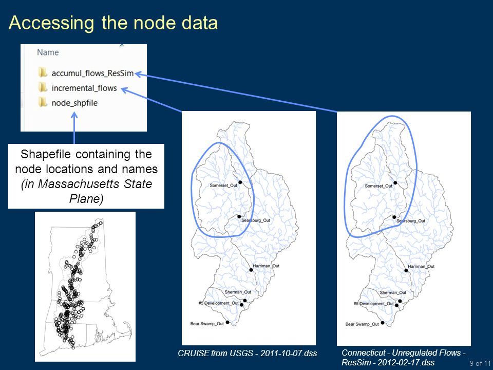 9 of 11 Accessing the node data Shapefile containing the node locations and names (in Massachusetts State Plane) CRUISE from USGS dss Connecticut - Unregulated Flows - ResSim dss