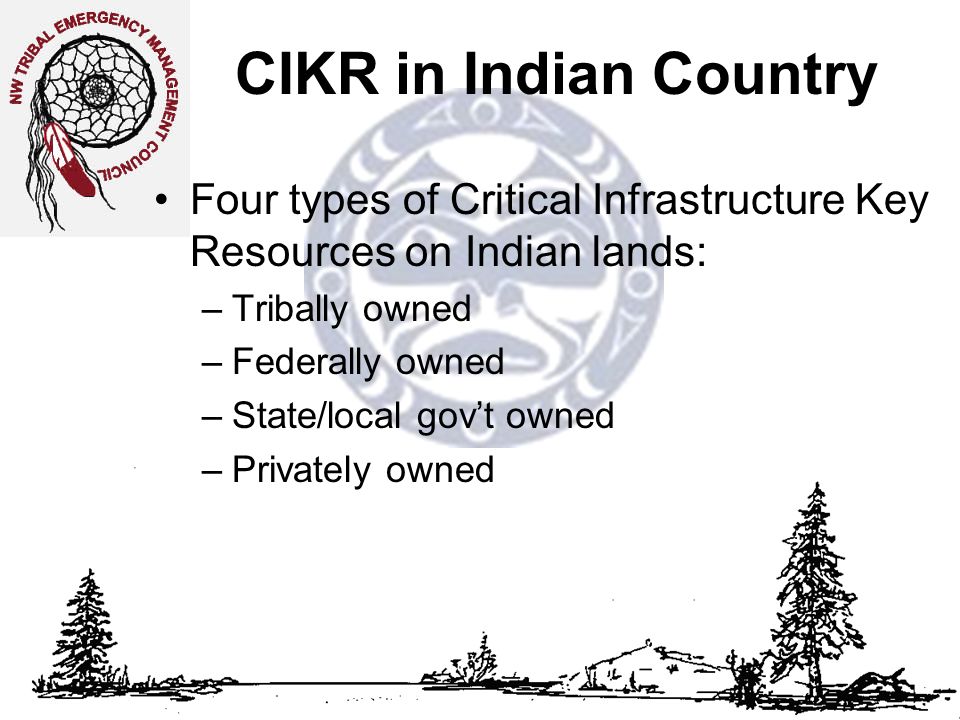 CIKR in Indian Country Four types of Critical Infrastructure Key Resources on Indian lands: –Tribally owned –Federally owned –State/local gov’t owned –Privately owned