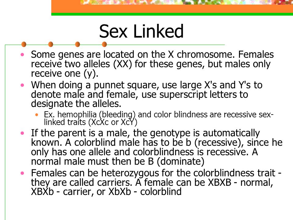 Sex Linked Some genes are located on the X chromosome.