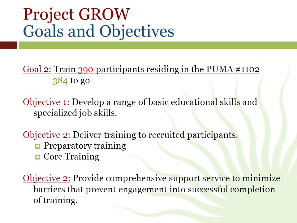 PATHWAYS OUT OF POVERTY PROJECT GROW. Project GROW Goals and Objectives Goal  1: Recruit 600 participants residing the PUMA # Current Data Base. - ppt  download