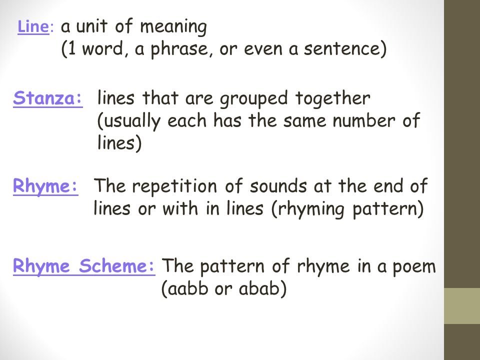 Types Of Poetry 5 Th Grade Line A Unit Of Meaning 1 Word A Phrase Or Even A Sentence Stanza Lines That Are Grouped Together Usually Each Has The Ppt Download
