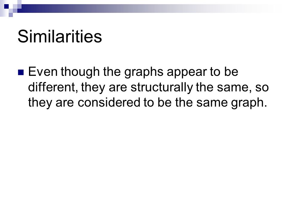 Similarities Even though the graphs appear to be different, they are structurally the same, so they are considered to be the same graph.