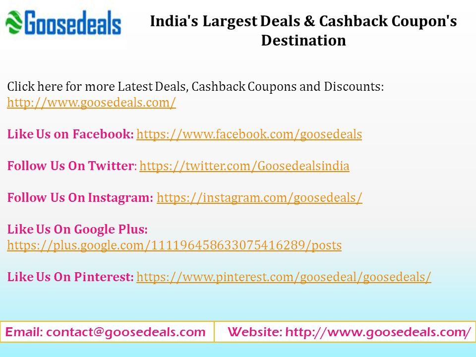 India s Largest Deals & Cashback Coupon s Destination Website:   Click here for more Latest Deals, Cashback Coupons and Discounts:     Like Us on Facebook:   Follow Us On Twitter:   Follow Us On Instagram:   Like Us On Google Plus:     Like Us On Pinterest: