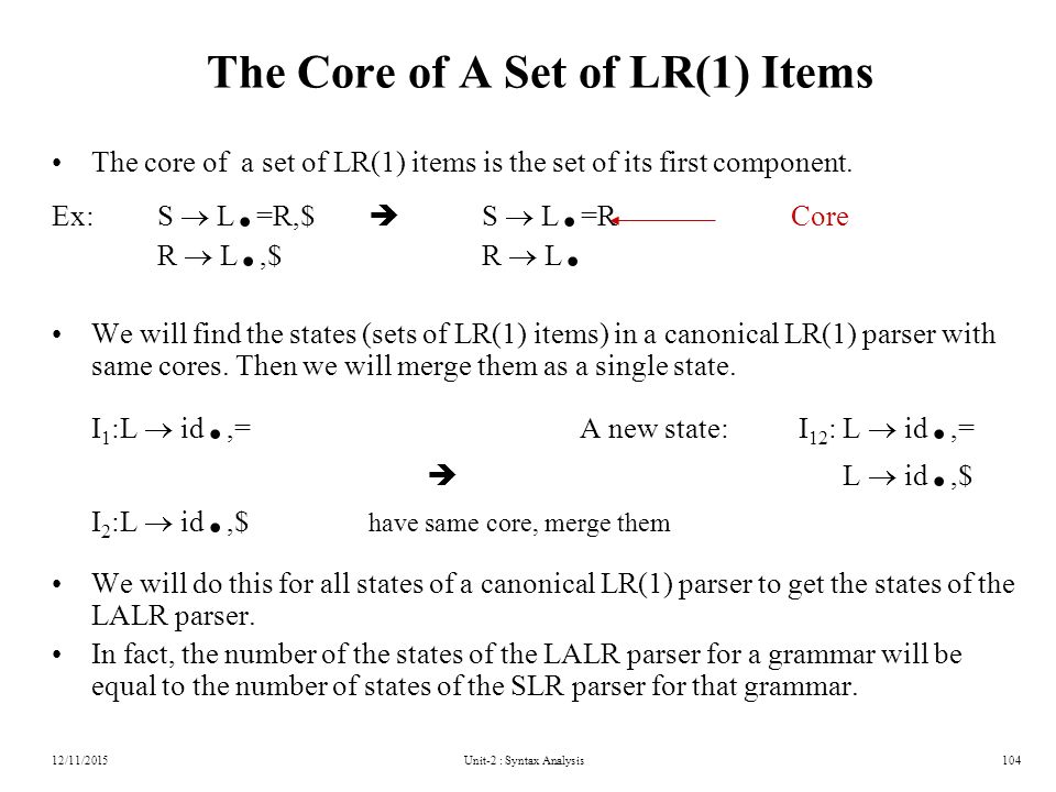 Unit-2 : Syntax Analysis104 The Core of A Set of LR(1) Items The core of a set of LR(1) items is the set of its first component.