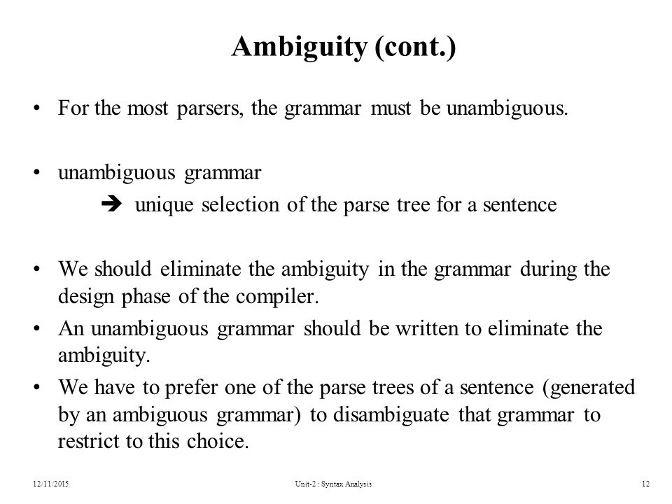 Unit-2 : Syntax Analysis12 Ambiguity (cont.) For the most parsers, the grammar must be unambiguous.