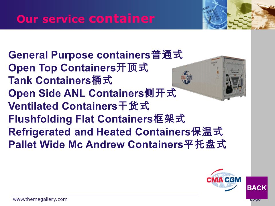 Company Logo Our service container General Purpose containers 普通式 Open Top Containers 开顶式 Tank Containers 桶式 Open Side ANL Containers 侧开式 Ventilated Containers 干货式 Flushfolding Flat Containers 框架式 Refrigerated and Heated Containers 保温式 Pallet Wide Mc Andrew Containers 平托盘式 BACK