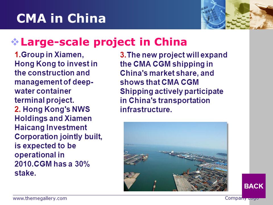 Company Logo CMA in China  Large-scale project in China 1.Group in Xiamen, Hong Kong to invest in the construction and management of deep- water container terminal project.