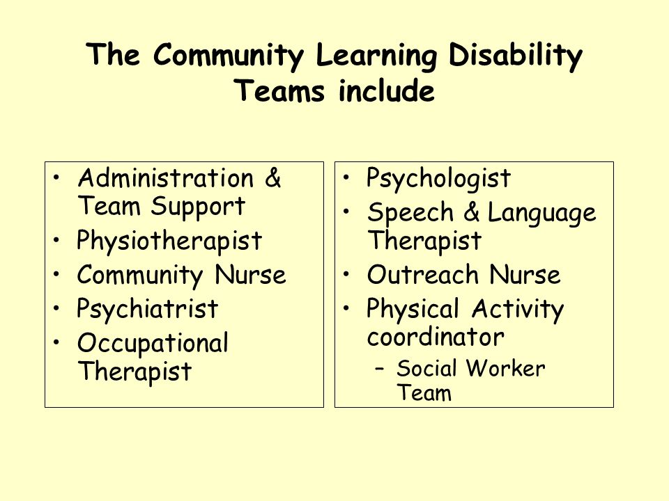 The Community Learning Disability Teams include Administration & Team Support Physiotherapist Community Nurse Psychiatrist Occupational Therapist Psychologist Speech & Language Therapist Outreach Nurse Physical Activity coordinator –Social Worker Team