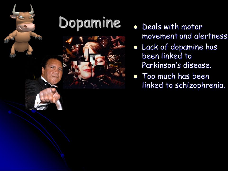 Dopamine Deals with motor movement and alertness. Deals with motor movement and alertness.
