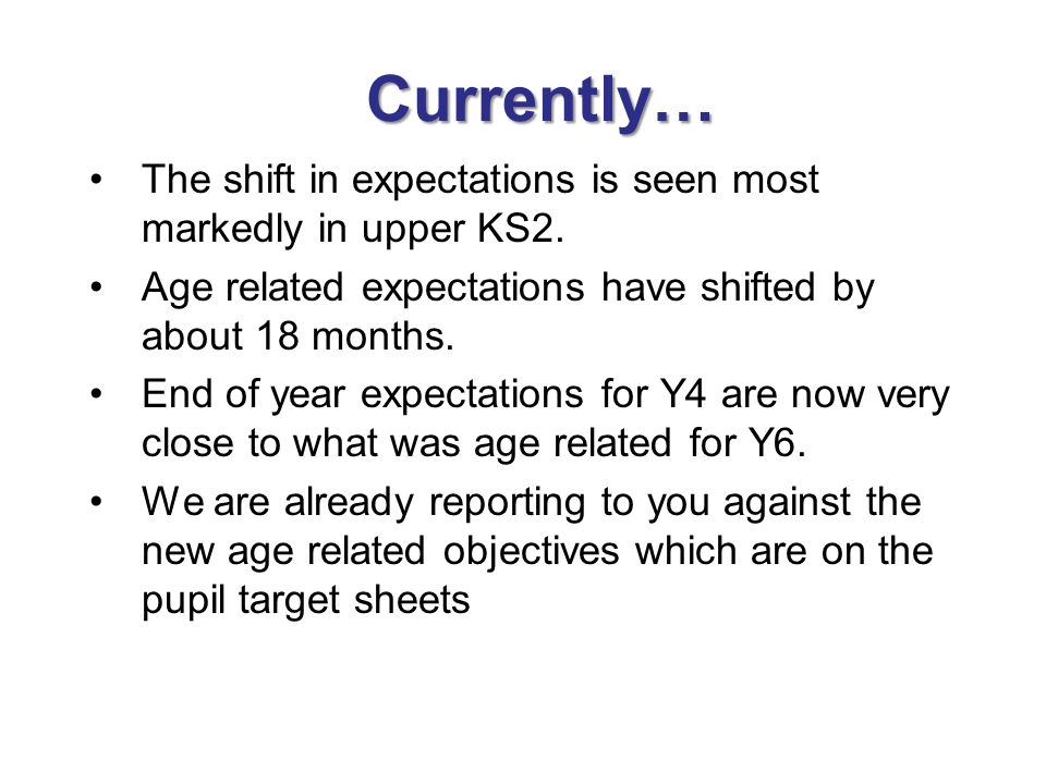 Currently… The shift in expectations is seen most markedly in upper KS2.