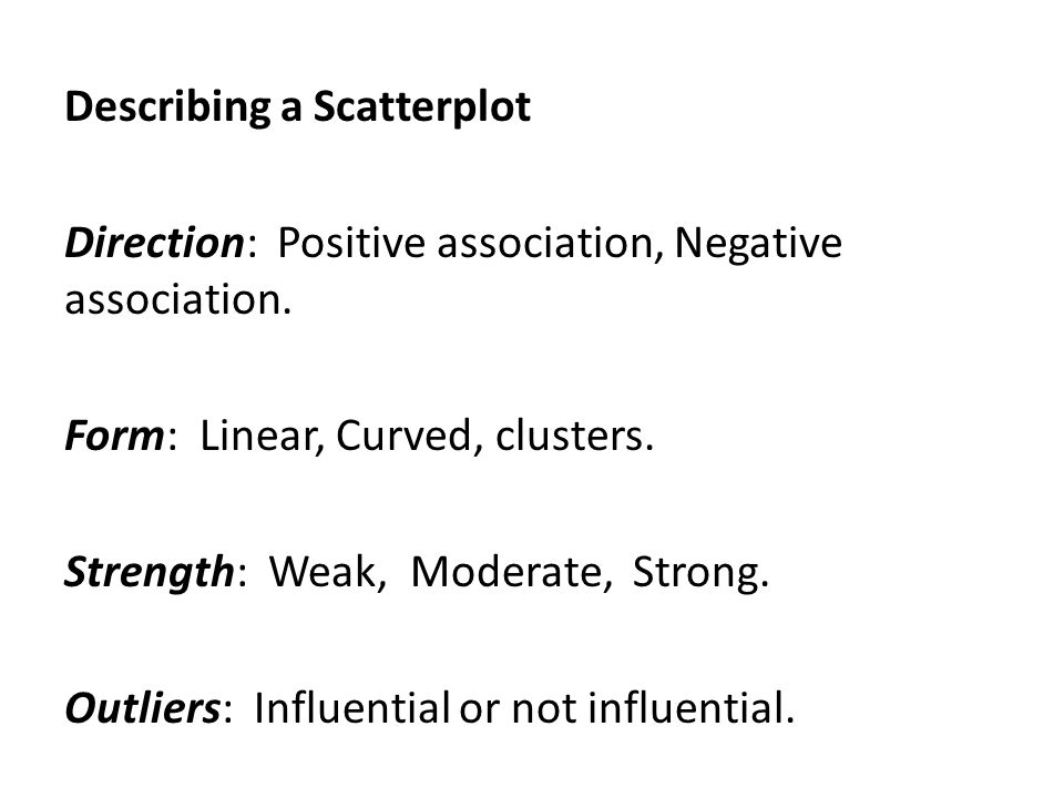 Describing a Scatterplot Direction: Positive association, Negative association.