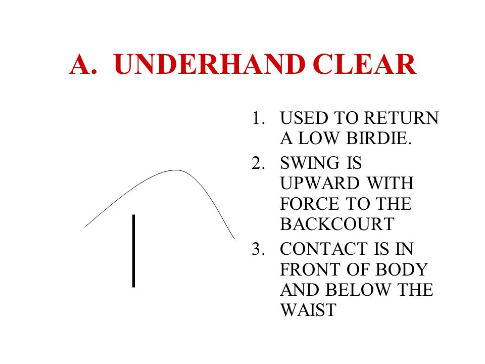 SHOTS OF BADMINTON. A. UNDERHAND CLEAR 1.USED TO RETURN A LOW BIRDIE.  2.SWING IS UPWARD WITH FORCE TO THE BACKCOURT 3.CONTACT IS IN FRONT OF BODY  AND. - ppt download