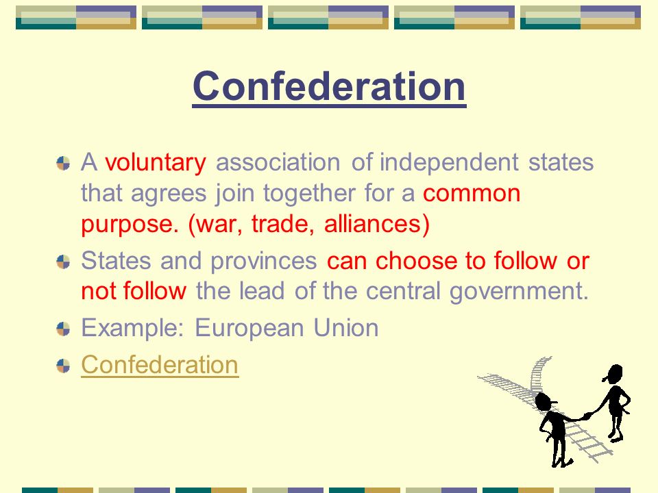 Confederation A voluntary association of independent states that agrees join together for a common purpose.