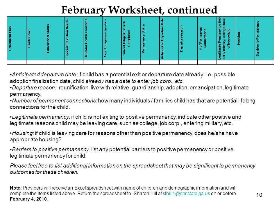 10 February Worksheet, continued Note: Providers will receive an Excel spreadsheet with name of children and demographic information and will complete the items listed above.