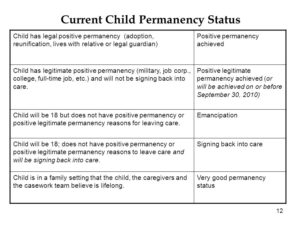 12 Current Child Permanency Status Child has legal positive permanency (adoption, reunification, lives with relative or legal guardian) Positive permanency achieved Child has legitimate positive permanency (military, job corp., college, full-time job, etc.) and will not be signing back into care.