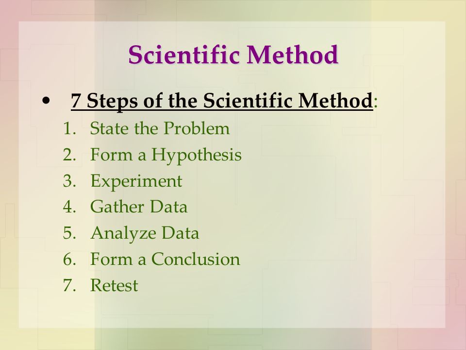 Scientific Method 7 Steps of the Scientific Method: 1.State the Problem 2.Form a Hypothesis 3.Experiment 4.Gather Data 5.Analyze Data 6.Form a Conclusion 7.Retest