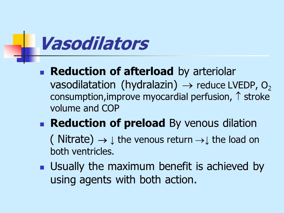 Vasodilators Reduction of afterload by arteriolar vasodilatation (hydralazin)  reduce LVEDP, O 2 consumption,improve myocardial perfusion,  stroke volume and COP Reduction of preload By venous dilation ( Nitrate)  ↓ the venous return  ↓ the load on both ventricles.