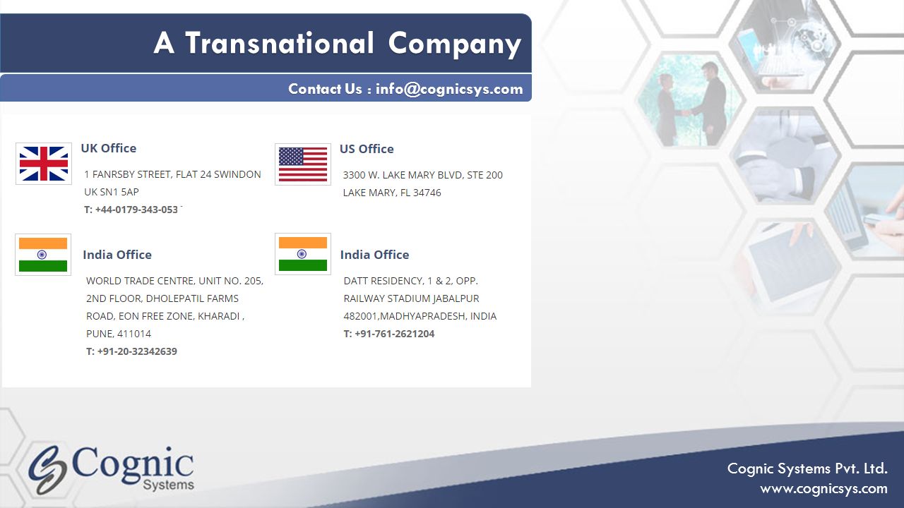 A Transnational Company Contact Us : Cognic Systems Pvt. Ltd.