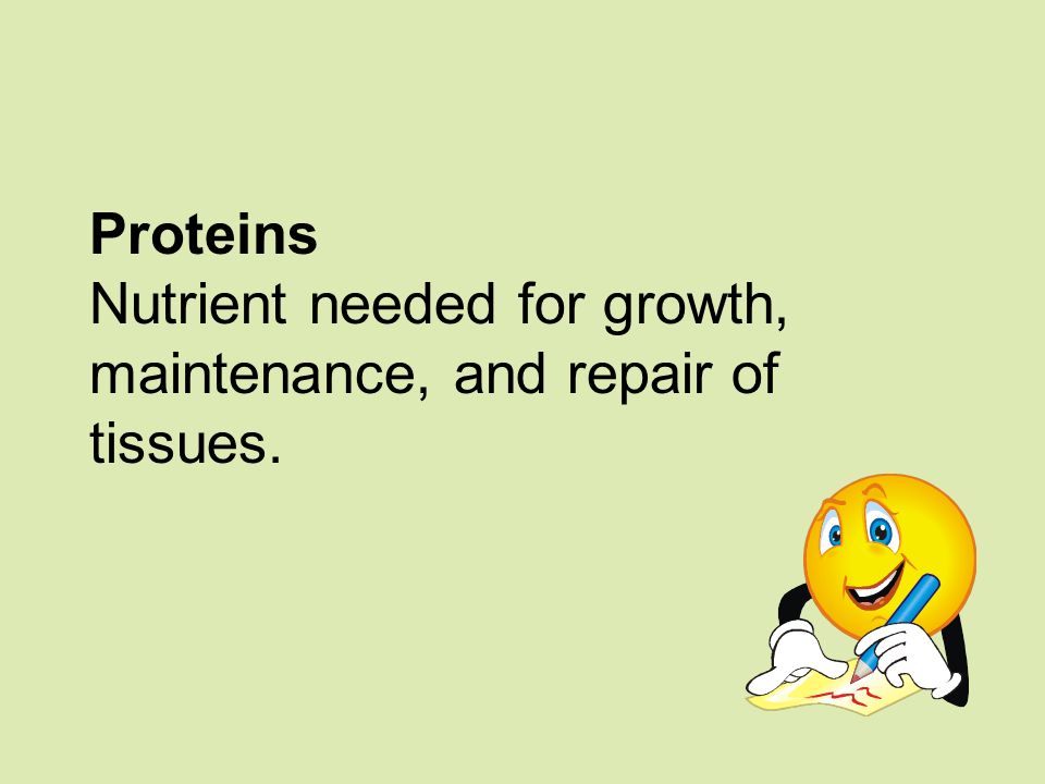 Proteins Nutrient needed for growth, maintenance, and repair of tissues.