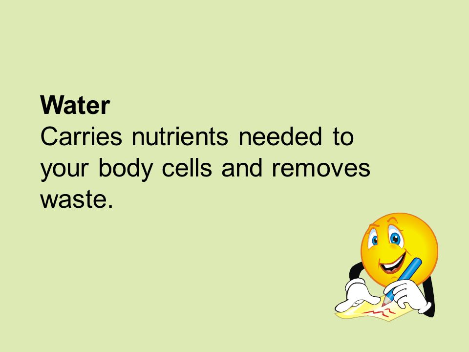 Water Carries nutrients needed to your body cells and removes waste.