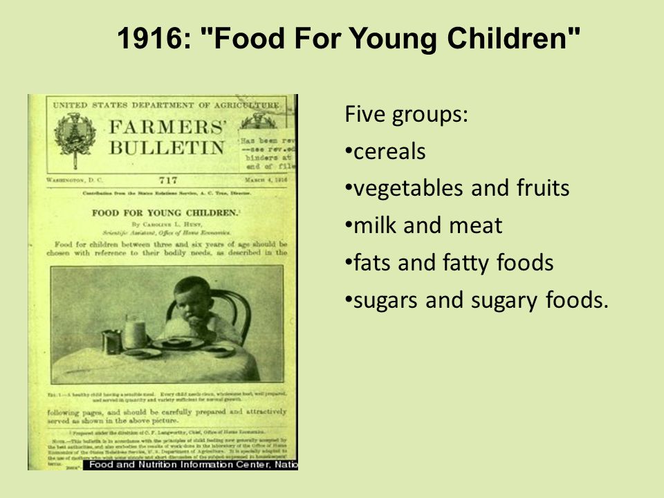 Five groups: cereals vegetables and fruits milk and meat fats and fatty foods sugars and sugary foods.