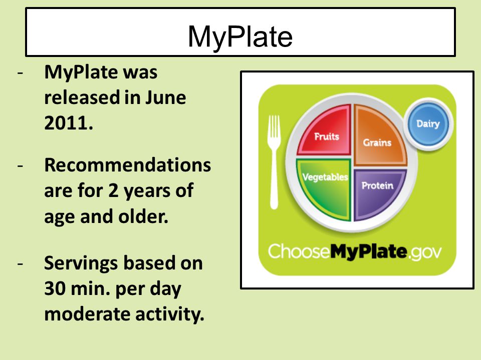 MyPlate -MyPlate was released in June Recommendations are for 2 years of age and older.