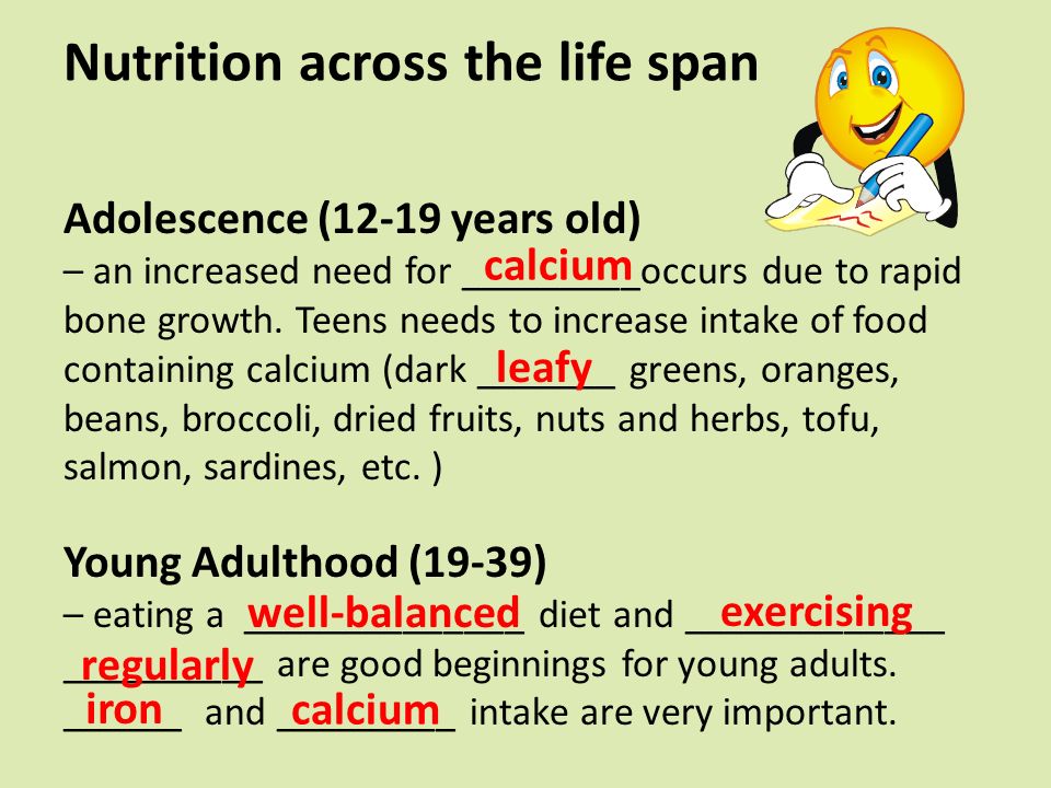 Nutrition across the life span Adolescence (12-19 years old) – an increased need for _________occurs due to rapid bone growth.