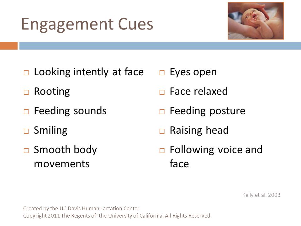 Engagement Cues  Looking intently at face  Rooting  Feeding sounds  Smiling  Smooth body movements  Eyes open  Face relaxed  Feeding posture  Raising head  Following voice and face Created by the UC Davis Human Lactation Center.