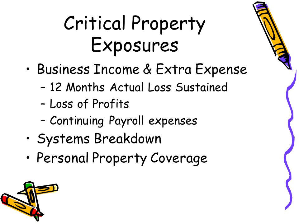 Critical Property Exposures Business Income & Extra Expense –12 Months Actual Loss Sustained –Loss of Profits –Continuing Payroll expenses Systems Breakdown Personal Property Coverage