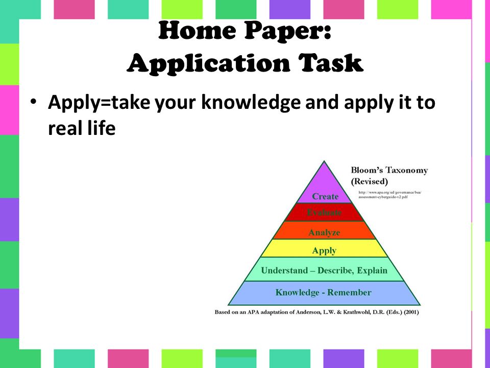 Home Paper: Application Task Apply=take your knowledge and apply it to real life