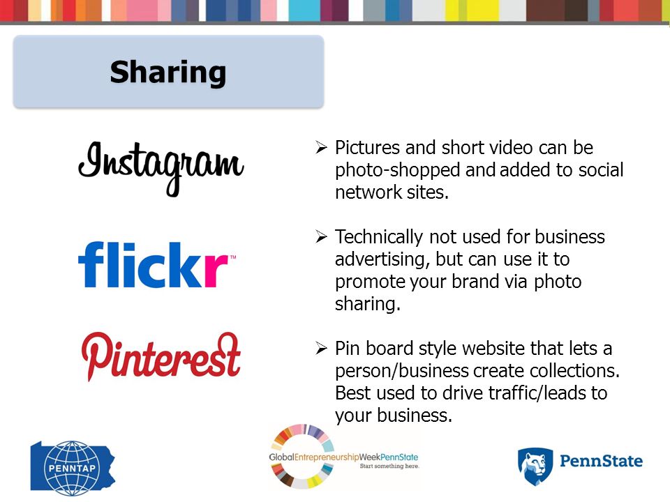 Sharing  Pictures and short video can be photo-shopped and added to social network sites.