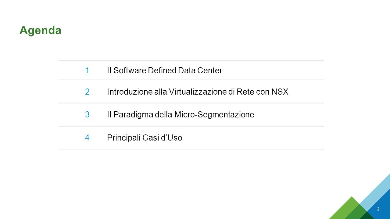 Agenda 2 1Il Software Defined Data Center 2Introduzione alla Virtualizzazione di Rete con NSX 3Il Paradigma della Micro-Segmentazione 4Principali Casi d’Uso