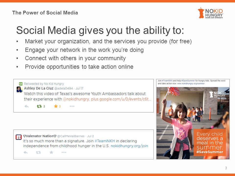 The Power of Social Media 3 Social Media gives you the ability to: Market your organization, and the services you provide (for free) Engage your network in the work you’re doing Connect with others in your community Provide opportunities to take action online