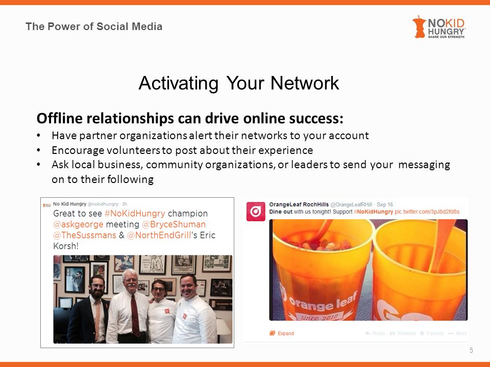The Power of Social Media 5 Activating Your Network Offline relationships can drive online success: Have partner organizations alert their networks to your account Encourage volunteers to post about their experience Ask local business, community organizations, or leaders to send your messaging on to their following