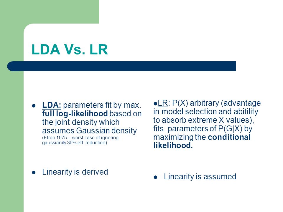 LDA Vs. LR LDA: parameters fit by max.